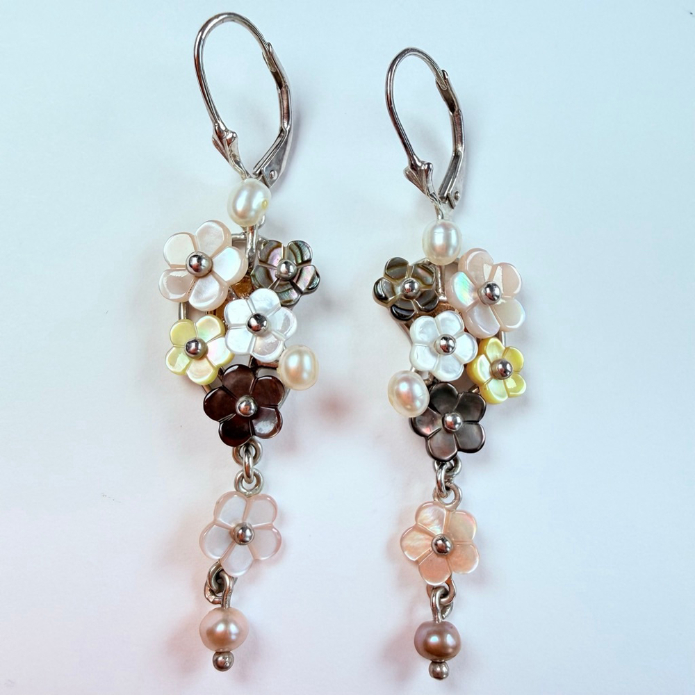 🎉Sold🎉 Whitney Kelly MOP Pearl Mosaic Flower Sterling Silv Dangle Drop Earrings - Picture 4 of 9